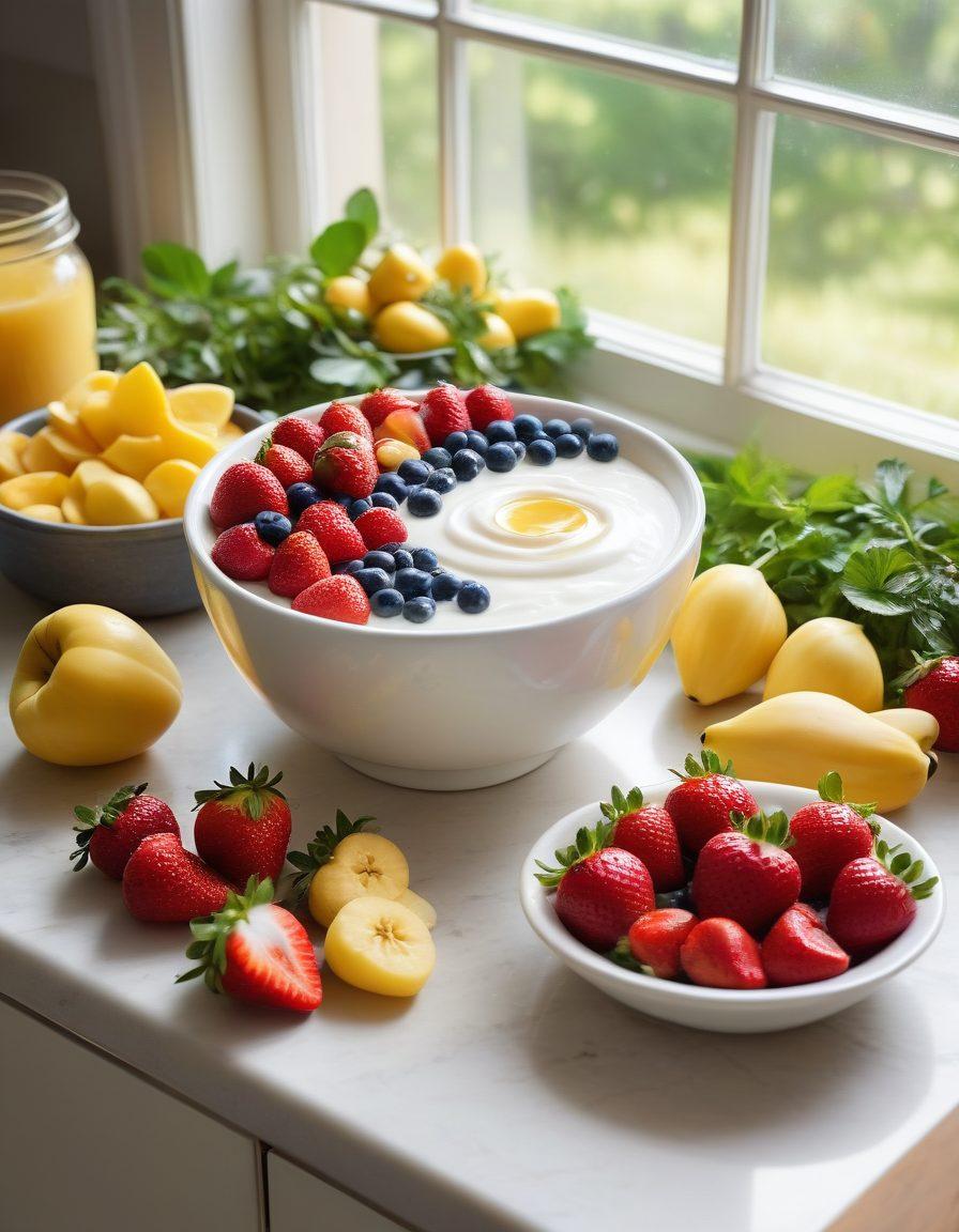 A vibrant, inviting kitchen scene showcasing a bowl of creamy yogurt topped with colorful fruits like berries and bananas, emphasizing healthiness. Surround it with fresh ingredients such as honey, nuts, and herbs, along with an open recipe book showing easy yogurt recipes. Soft natural light filters through a window, creating a warm and welcoming ambiance. Paint the scene in a bright, cheerful style. super-realistic. vibrant colors. warm lighting.