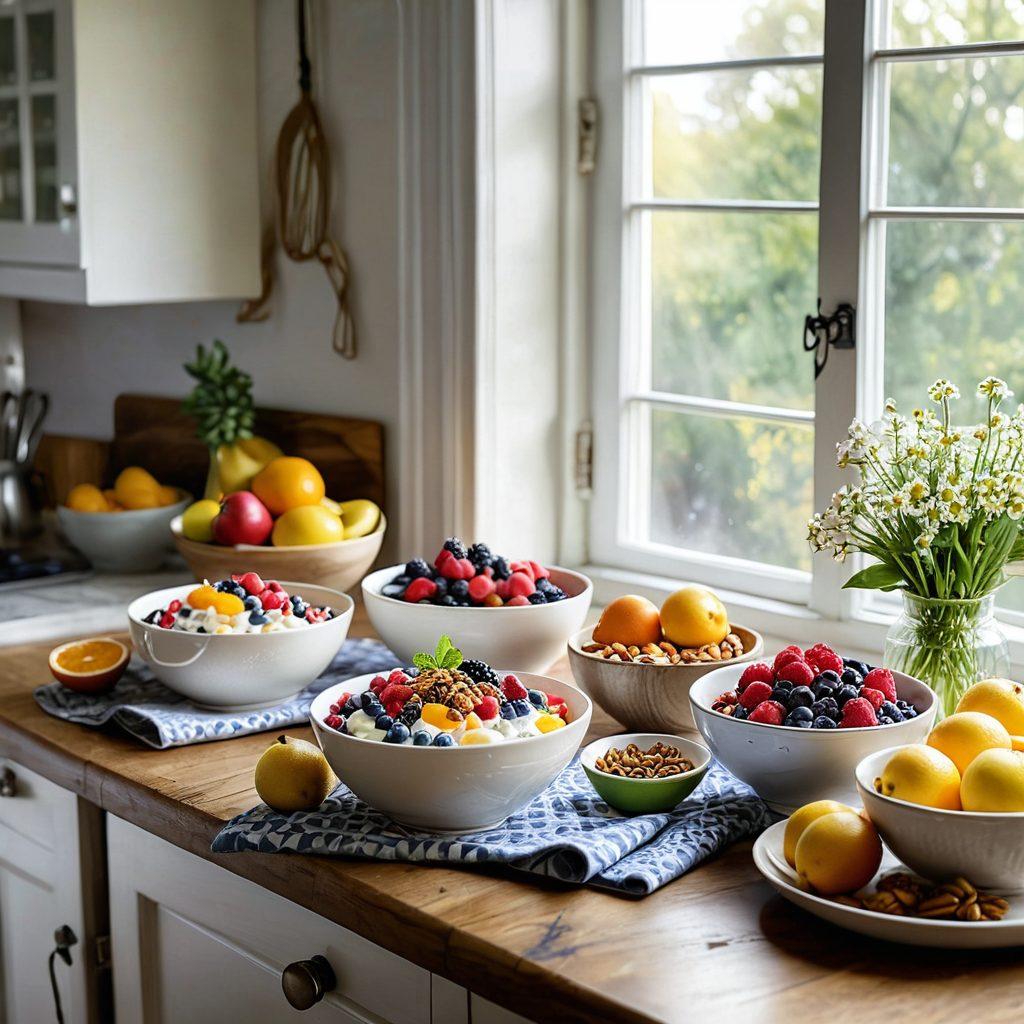 A bright, inviting kitchen scene showcasing a wooden table filled with vibrant bowls of various yogurt recipes, garnished with fresh fruits, nuts, and honey. Soft sunlight streams through a window, highlighting a cookbook open on the side, filled with doodles and colorful notes. An inviting sense of warmth and health emanates from the image, encouraging a wholesome lifestyle. super-realistic. vibrant colors. warm lighting.