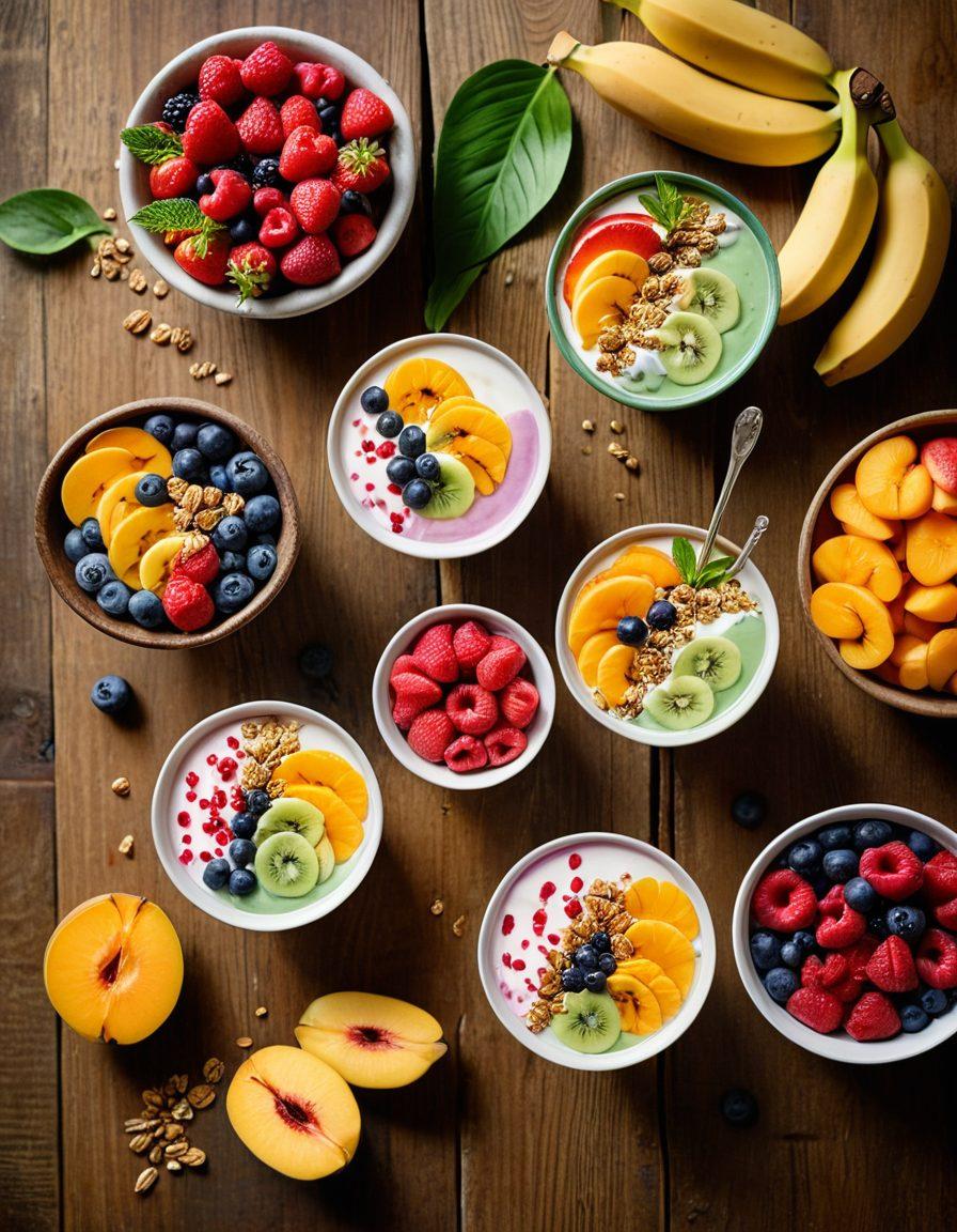 A colorful assortment of yogurt bowls, showcasing smoothies, parfaits, and sweet treats, all beautifully arranged on a wooden table. Incorporate fresh fruits like berries, bananas, and peaches, along with granola and drizzle of honey. The image should radiate freshness and healthiness, with a bright morning light casting soft shadows. Include playful elements like a straw, a spoon, and a whimsical background with greenery. super-realistic. vibrant colors. natural lighting.